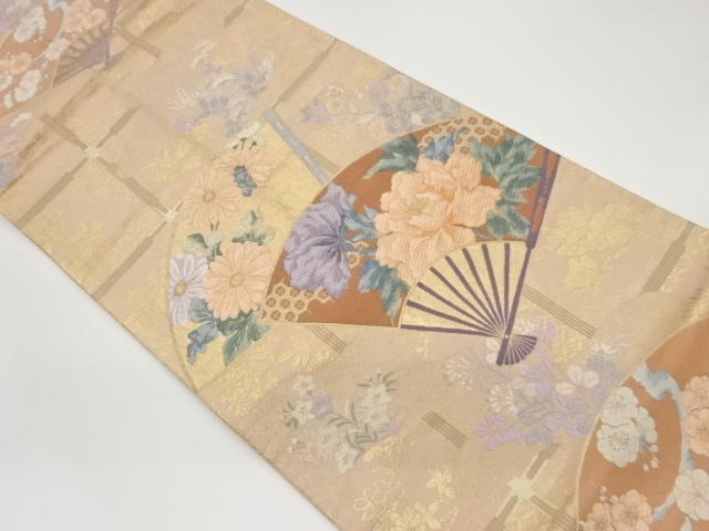 JAPANESE KIMONO / VINTAGE FUKURO OBI / WOVEN FLOWER & FOLDING FAN PATTERN